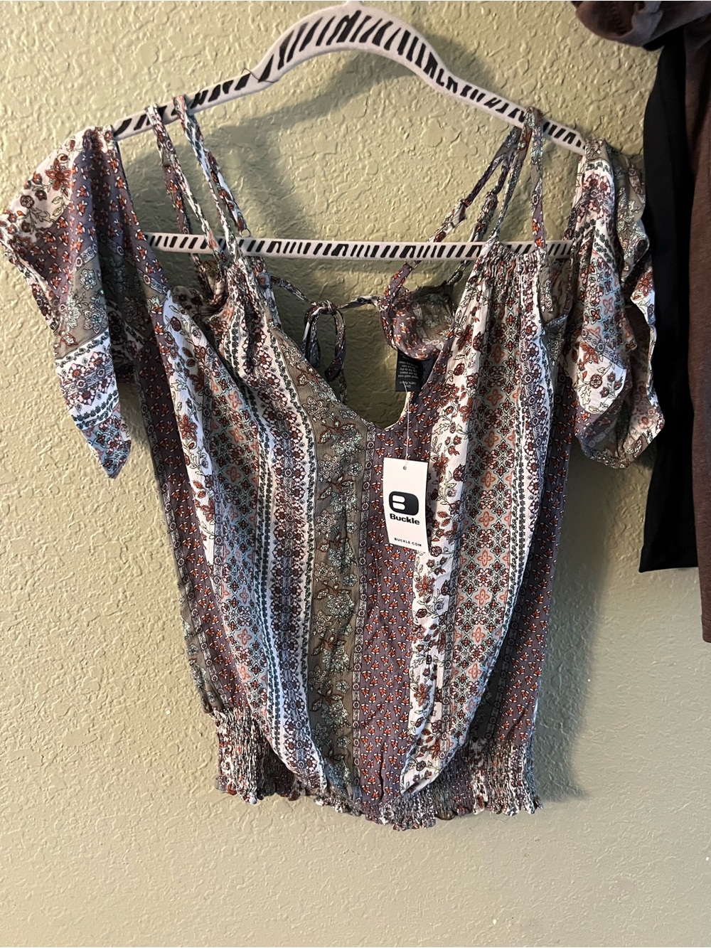 Daytrip Brown and White Off-Shoulder Boho Print Top